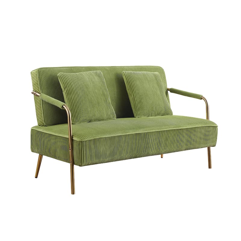 Modern Velvet Love Seat Pleated Upholstered with 2 Pillows and Metal